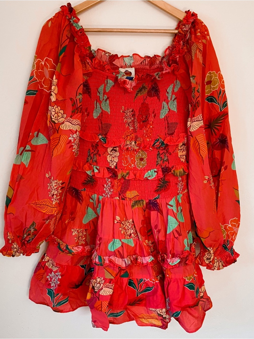 Farm Rio x Anthropologie Smocked Ruffle Mini Dress Coral - Picture 3 of 12